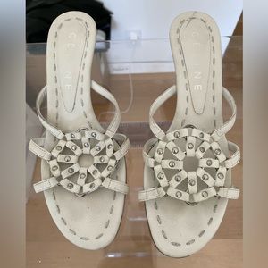 Vintage Celine Paris White Leather Web Studded Heel Sandals